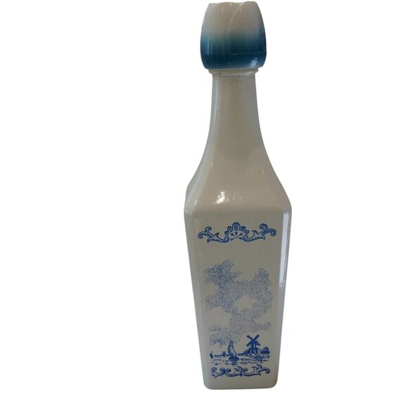 Vintage Vandermint Delft Windmill Tulip Blue White Milk Glass Liqueur Bottle Hol - Picture 9 of 12